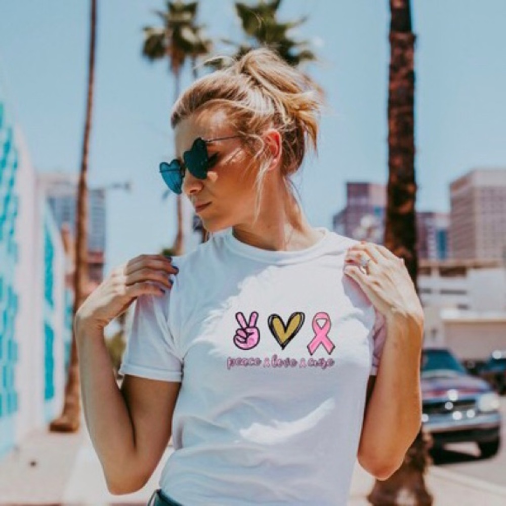 Breast Cancer Pink Ribbon Peace Love Cure Premium Graphic Tee Sublimation Ink - Picture 6 of 8